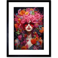 Artery8 Wall Art Print Flowerpunk Woman w/ Pink Hair & Flowers Vibrant Artwork Orange Pink Blue on Black High Detail Portrait Artwork Framed 9X7 Inch