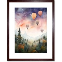 Artery8 Wall Art Print Hot Air Balloons Over Misty Forest Landscape Watercolour Painting Orange Green Purple Dreamy Dusk Sky Stars Kids Bedroom