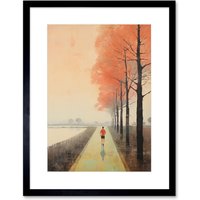 Artery8 Wall Art Print Early Morning Jogging Pastel Colour Oil Painting Jogger on Lakeside Pink Tree Trail Countryside Landscape Artwork Framed 9X7