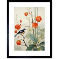 Artery8 Wall Art Print Small Bird on Blooming Tree Branch Botanical Artwork Red Teal Nature Study Audubon Style Artwork Framed 9X7 Inch