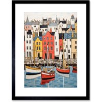 Artery8 Wall Art Print Colourful Town Harbour Acrylic Painting Red Yellow Blue Fishing Boats Coastal Townscape Artwork Framed 9X7 Inch