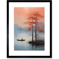 Artery8 Wall Art Print Canoe Boat on Misty Lake Oil Painting Landscape Blue Pink Blossom Tree Early Morning Artwork Framed 9X7 Inch | Size: W7" x H9"
