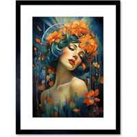 Artery8 Wall Art Print Woman Portrait with Flowers Modern Art Deco Vibrant Artwork Orange Blue Floral Headband Artwork Framed 9X7 Inch