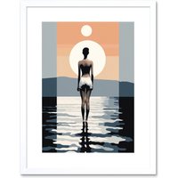 Artery8 Wall Art Print The Sea is Calling Modern Abstract Minimalist Artwork Sun & Moon Artwork Framed 9X7 Inch in White | Size: W7" x H9"