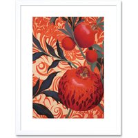 Artery8 Wall Art Print Pomegranate Tree Grove Red & Blue Artwork Floral Patterns Artwork Framed 9X7 Inch in White | Size: W7" x H9"