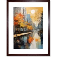 Artery8 Wall Art Print Cityscape River Canal Oil Painting Blue Orange Trees Autumn in the City Artwork Framed 9X7 Inch in Brown | Size: W7" x H9"