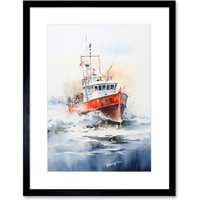 Artery8 Wall Art Print Trawler Fishing Boat Watercolour Painting Red Blue Rough Sea Fishermen Waves Seascape Artwork Framed 9X7 Inch