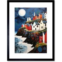 Artery8 Wall Art Print Seaside Village Houses on Cliff Folk Art Oil Painting Bathroom Artwork Full Moon Night Waves Coastal Landscape Artwork Framed