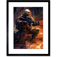 Artery8 Wall Art Print Army Warfare Desert Sniper Explosion Flames Oil Painting Soldier Action Scene Artwork Framed 9X7 Inch | Size: W7" x H9"
