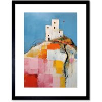 Artery8 Wall Art Print House on the Hill Oil Painting Abstract Geometric Patchwork Palette Knife Pastel Colour Rural Landscape Artwork Framed 9X7