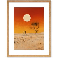 Artery8 Wall Art Print Desert Landscape Sunset Sun Oil Painting Amber Orange Yellow Windswept Dunes Artwork Framed 9X7 Inch in Beige | Size: W7" x H9"
