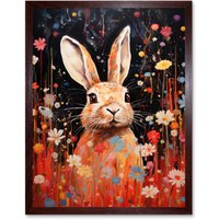 Artery8 Wall Art Print Spring Bliss Oil Painting Cute Bunny Rabbit in a Daisy Flower Meadow Kids Bedroom Art Framed in Brown | Size: W12" x H16"