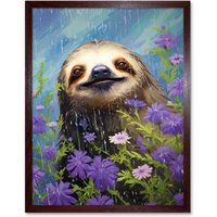 Artery8 Wall Art Print Carefree Sloth in a Field of Lavender Daisies Oil Painting Enjoying the Spring Rain Kids Bedroom Art Framed