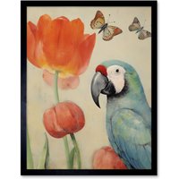 Artery8 Wall Art Print Parrot & Tulips Flowers Butterflies Pastel Colour Artwork Floral Spring Oil Painting Art Framed in Black | Size: W12" x H16"