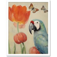 Artery8 Wall Art Print Parrot & Tulips Flowers Butterflies Pastel Colour Artwork Floral Spring Oil Painting Art Framed in White | Size: W12" x H16"
