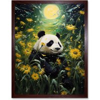 Artery8 Wall Art Print Midsummer Night's Panda Dream Oil Painting Panda Bear in a Full Moon Sunflower Field Landscape Kids Bedroom Art Framed