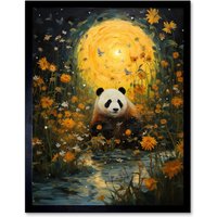 Wall Art Print Harvest Moon Panda Landscape Oil Painting Panda Bear Wildflower Meadow Flowing Stream Bedroom Art Framed