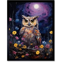 Artery8 Wall Art Print Great Horned Owl Portrait with Lavender Full Moon Oil Painting Spring Night in Countryside Flower Meadow Art Framed
