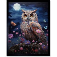 Artery8 Wall Art Print Majestic Owl Portrait Oil Painting Great Horned Purple Pink Blue Full Moon in Spring Meadow with Wildflowers Art Framed