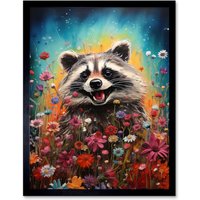 Wall Art Print Gleeful Racoon Quirky Portrait Spring Makes Everything Better Oil Painting Bedroom Blooming Wildflower Meadow Art Framed