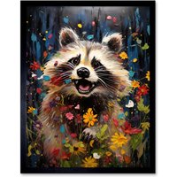 Artery8 Wall Art Print Racoon Romp Playing in a Wildflower Meadow Oil Painting Running Through Flowers in Spring Quirky Portrait Art Framed
