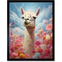 Artery8 Wall Art Print Happy Llama Peeking Head Over Pink Flowers Bright Colourful Artwork Kids Bedroom Dreamy Spring Meadow Art Framed