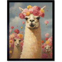 Wall Art Print Llama Wedding Rose Bloom Flower Headdress Fun Artwork Bedroom Art Framed W12" x H16"