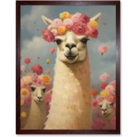 Artery8 Wall Art Print The Llama Wedding Rose Bloom Flower Headdress Fun Artwork Kids Bedroom Art Framed in Brown | Size: W12" x H16"