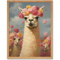 Artery8 Wall Art Print The Llama Wedding Rose Bloom Flower Headdress Fun Artwork Kids Bedroom Art Framed in Light Oak | Size: W12" x H16"