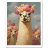 Artery8 Wall Art Print The Llama Wedding Rose Bloom Flower Headdress Fun Artwork Kids Bedroom Art Framed in White | Size: W12" x H16"