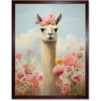 Artery8 Wall Art Print Llama & Peonies Pink Elegant Artwork Kids Bedroom Floral Portrait with Roses Art Framed in Brown | Size: W12" x H16"