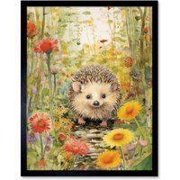 Artery8 Wall Art Print Adorable Hedgehog in a Wildflower Meadow Watercolour Painting Kids Bedroom Cute Woodland Creature Art Framed