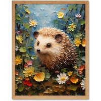 Artery8 Wall Art Print Hedgehog Wildflower Meadow Thick Paint Oil Painting Kids Bedroom Cute Woodland Creature Art Framed | Size: W12" x H16"