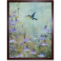 Artery8 Wall Art Print Bluebell Hummingbird Pastel Painting Nectar Flowers Field Oil Painting Colour Artwork Art Framed in Brown | Size: W12" x H16"