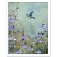 Artery8 Wall Art Print Bluebell Hummingbird Pastel Painting Nectar Flowers Field Oil Painting Colour Artwork Art Framed in White | Size: W12" x H16"