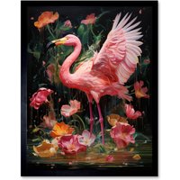 Artery8 Wall Art Print Flamboyant Flamingo Feathers Artwork Bird in the Rain Vibrant Pink Orange Green Artwork Art Framed in Black | Size: W12" x H16"