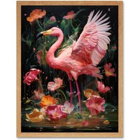 Artery8 Wall Art Print Flamboyant Flamingo Feathers Artwork Bird in the Rain Vibrant Pink Orange Green Artwork Art Framed | Size: W12" x H16"
