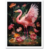 Artery8 Wall Art Print Flamboyant Flamingo Feathers Artwork Bird in the Rain Vibrant Pink Orange Green Artwork Art Framed in White | Size: W12" x H16"
