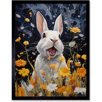 Artery8 Wall Art Print Moonlit White Rabbit Oil Painting Playing with Yellow Spring Flowers Mischief at Night Kids Bedroom Artwork Art Framed