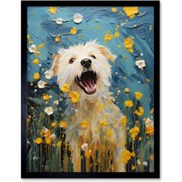 Artery8 Wall Art Print Chasing the Flowers White Terrier in Spring Meadow Thick Paint Oil Painting Blooms Coton de Tulear Art Framed