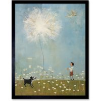 Artery8 Wall Art Print Chasing the Giant Dandelion Dream Artwork Giant Wish Oil Painting Kids Bedroom Child & Pet Dog in Daisy Field Art Framed
