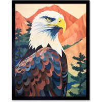 Artery8 Wall Art Print Majestic Bald Eagle Forest Mountain Landscape Graphic Artwork Art Framed in Black | Size: W12" x H16"