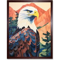 Artery8 Wall Art Print Majestic Bald Eagle Forest Mountain Landscape Graphic Artwork Art Framed in Brown | Size: W12" x H16"