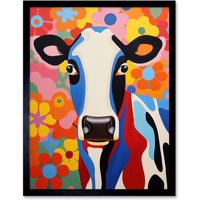 Wall Art Print Colourful Cow Bright Bold Floral Portrait Acrylic Painting Vibrant Folk Art Flower Artwork Friesian Bedroom Art Framed