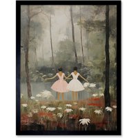 Artery8 Wall Art Print Forest Ballet Oil Painting Kids Bedroom Ballerinas Gracefully Dancing by a Lake Art Framed in Black | Size: W12" x H16"