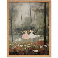 Artery8 Wall Art Print Forest Ballet Oil Painting Kids Bedroom Ballerinas Gracefully Dancing by a Lake Art Framed in Light Oak | Size: W12" x H16"