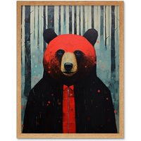 Artery8 Wall Art Print Hipster Red Bear Artwork Oil Painting Black Blue Artwork Forest Trees Art Framed in Light Oak | Size: W12" x H16"