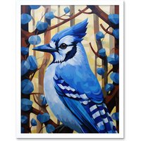Artery8 Wall Art Print Blue Jay Geometric Artwork Wild Bird Perched on Tree Polygonal Forest Landscape Art Framed in White | Size: W12" x H16"
