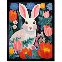 Wall Art Print Bunny Rabbit Colourful Bold Vibrant Flowers Bedroom Floral Artwork Garden Spring Blooms Art Framed W12" x H16"