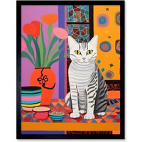 Artery8 Wall Art Print The Stripey Cat Sits Artwork Potted Flower Plant Henri Matisse Style Painting Home Bold Bright Vibrant Folk Art Framed
